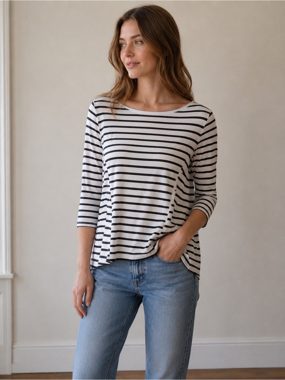 Striped Boatneck 3/4-Sleeve Women's Top - Black & White